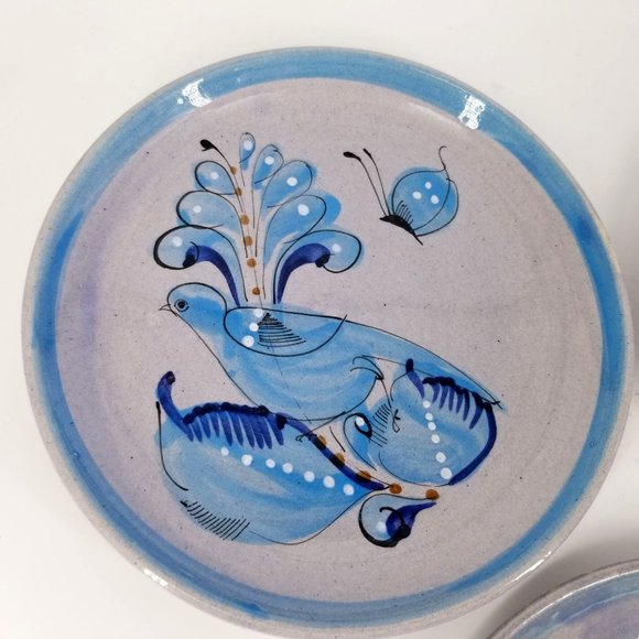Tonala Mexican Hand Painted Blue Speckled Bird Plates 8.5" Pottery Signed Lot 3 - Picture 2 of 11